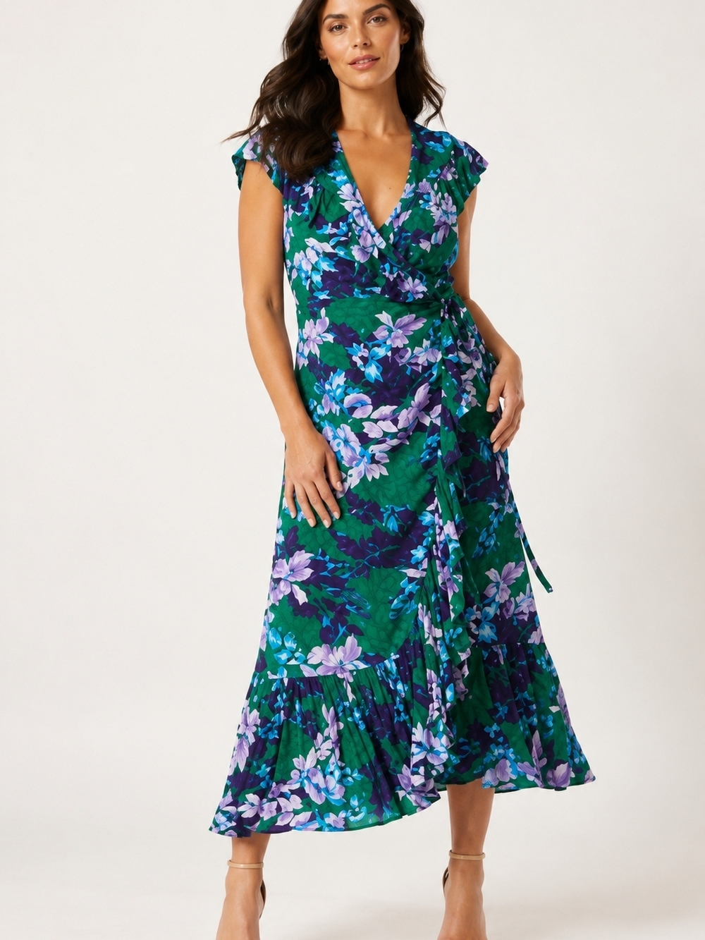 sofia by sofia vergara Green and Purple Floral Wrap Maxi Dress
